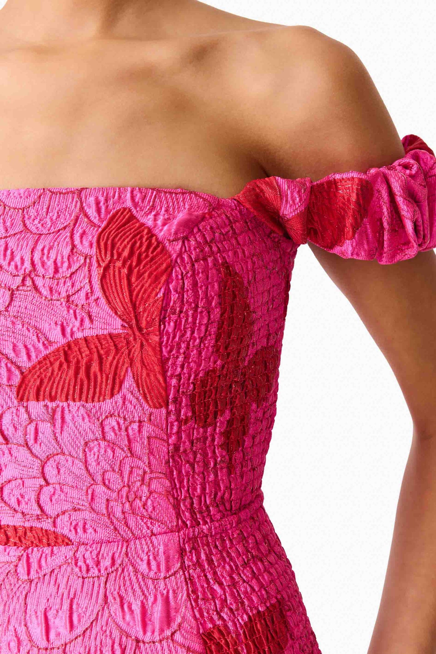 Elliatt Lorena Jacquard Off Shoulder Midi Dress in Pink