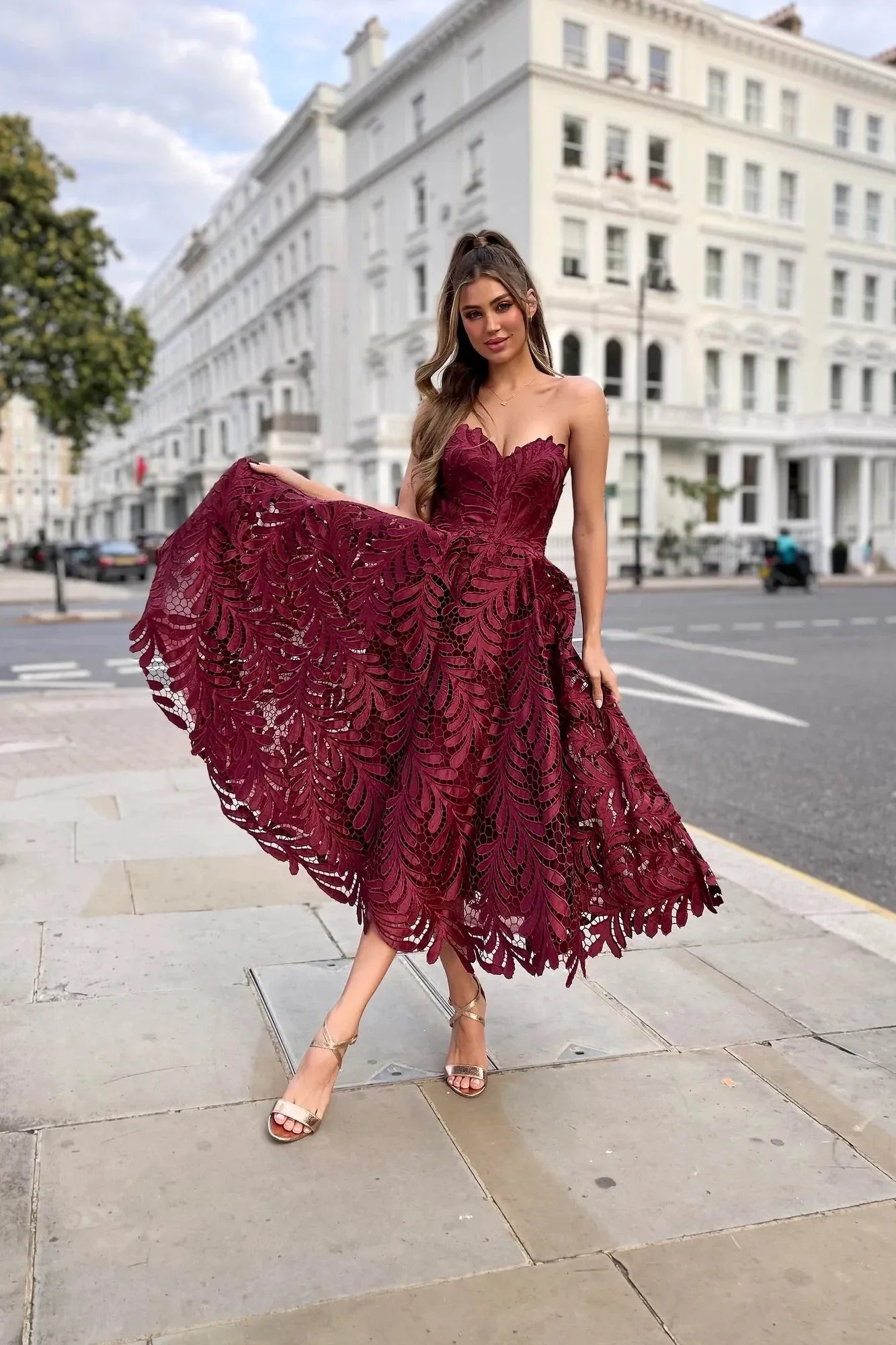 Jadore lace strapless full skirt cocktail gown