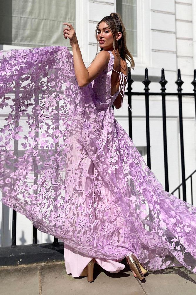 Jadore JP140 - Lilac Floral embroidered lace Tulle Gown
