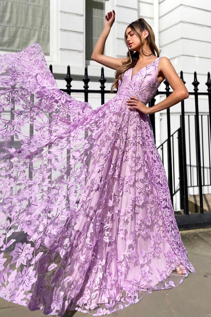 Jadore JP140 - Lilac Floral embroidered lace Tulle Gown
