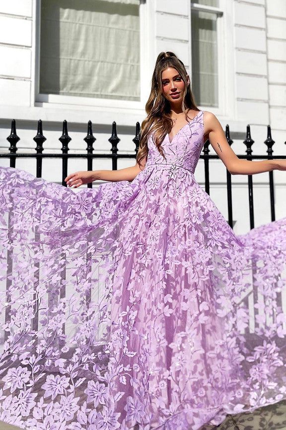 Jadore JP140 - Lilac Floral embroidered lace Tulle Gown