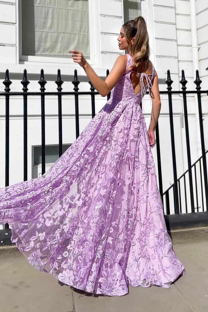 Jadore JP140 - Lilac Floral embroidered lace Tulle Gown