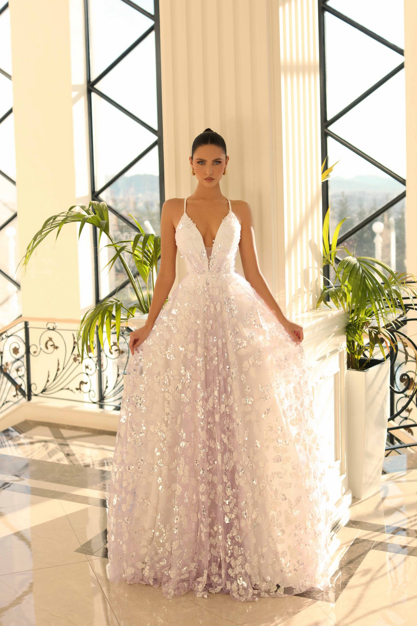 Nicoletta v neck backless embellished gown