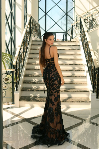 Nicoletta Gown - emerald nude or Black/Nude embellished lace gala ball gown