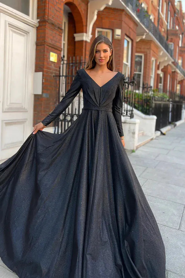 Nicoletta v neck long sleeve full length gown