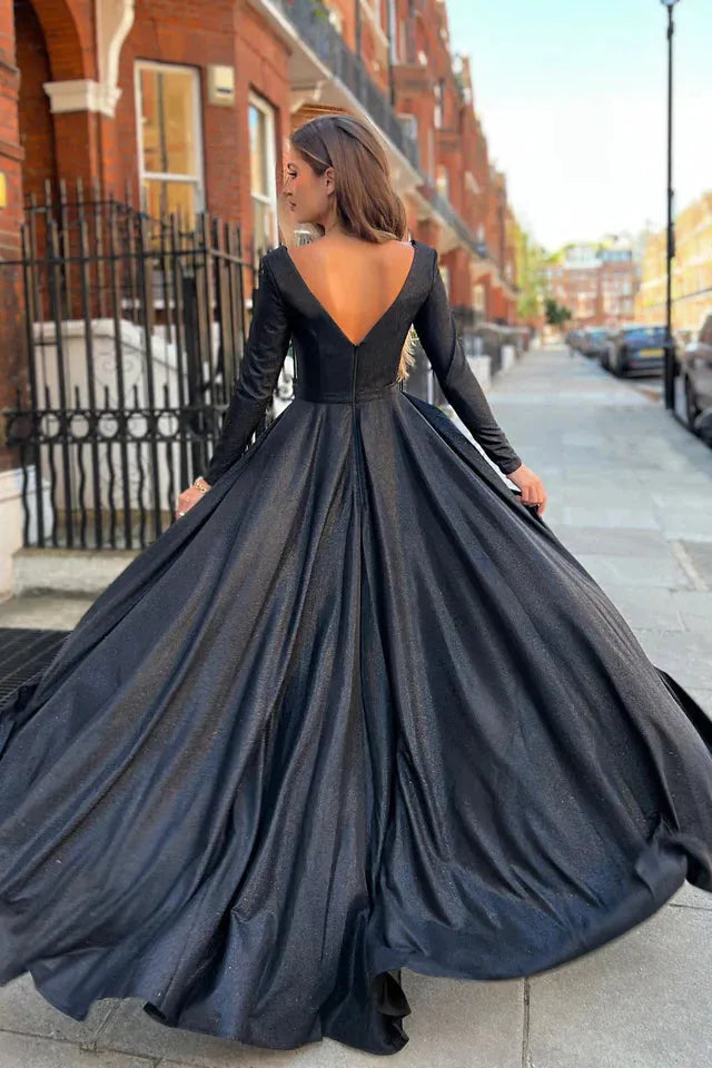 Nicoletta v neck long sleeve full length gown