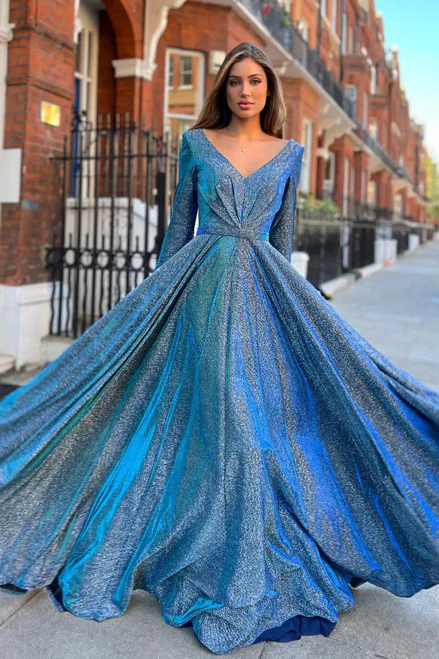 Nicoletta v neck long sleeve full length gown
