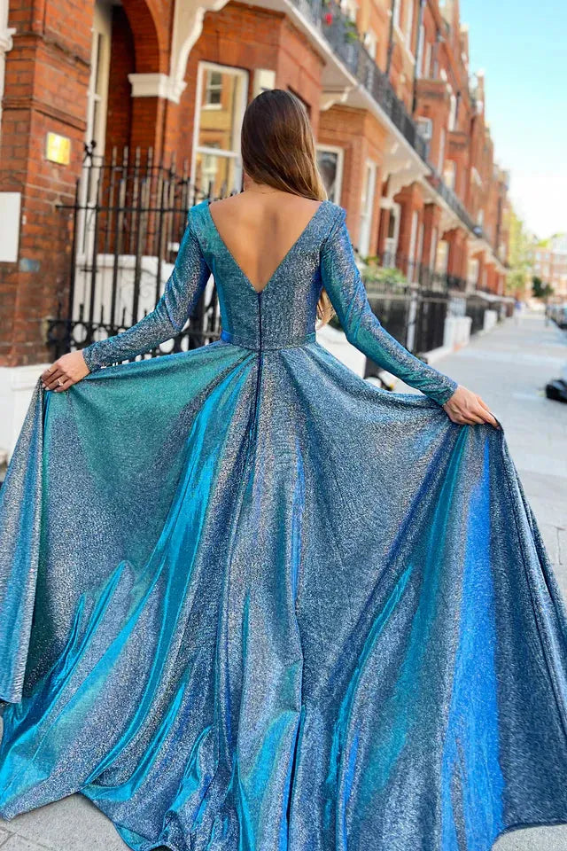 Nicoletta v neck long sleeve full length gown