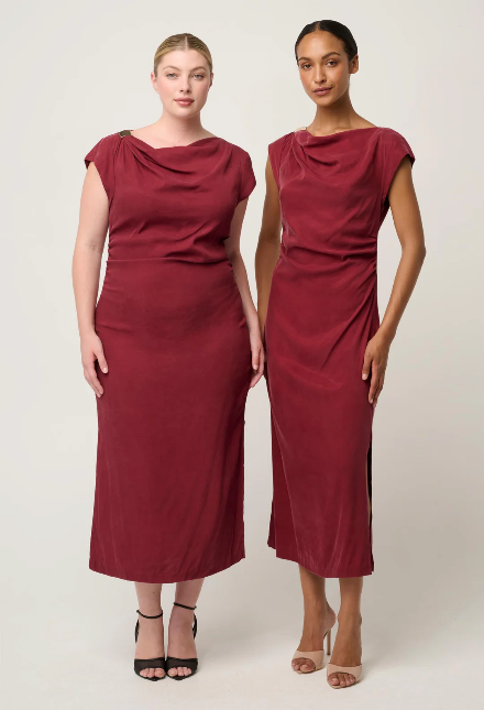 Once was MONIQUE DRAPED NECK CUPRO VISCOSE STRETCH GOLD COLUMN DRESS IN RUBY