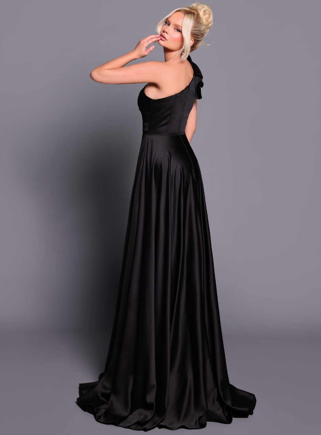 Nicoletta draped one shoulder full skirt gown