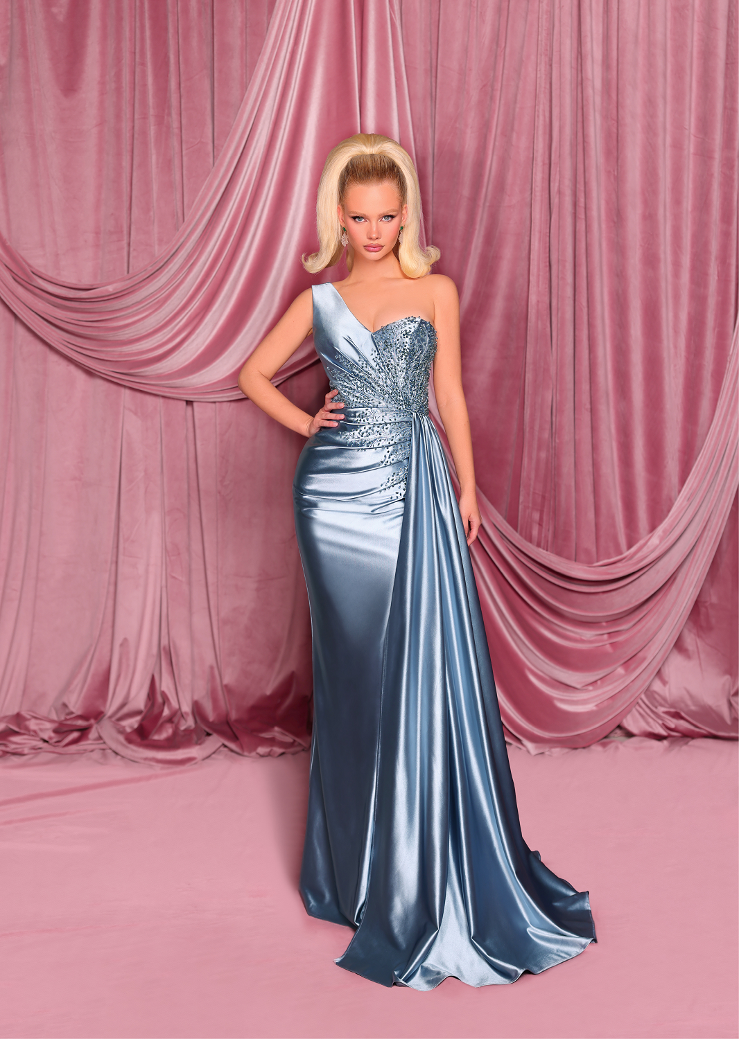Nicoletta Glossy one shoulder beaded gown