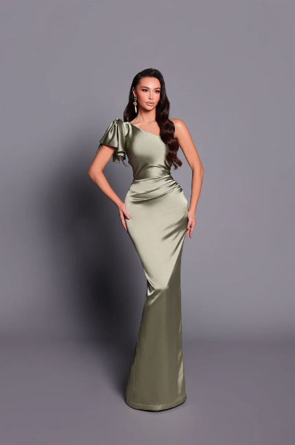Nicoletta one shoulder satin gown Dusty Sage NBM2002