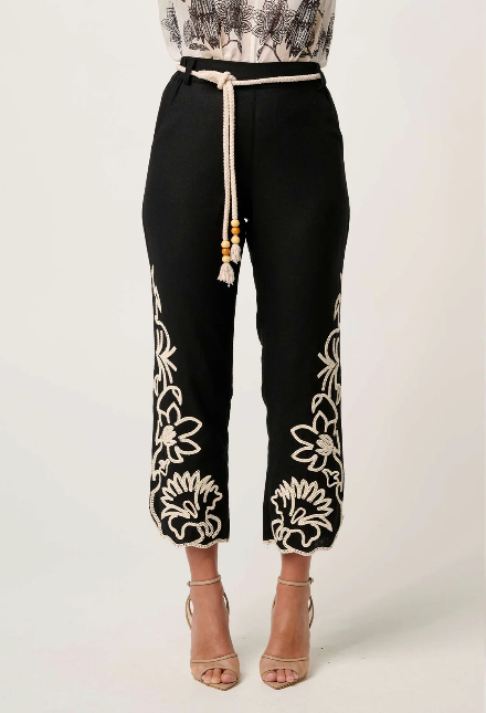 Once was HELM EMBROIDERED LINEN VISCOSE PANT IN BLACK