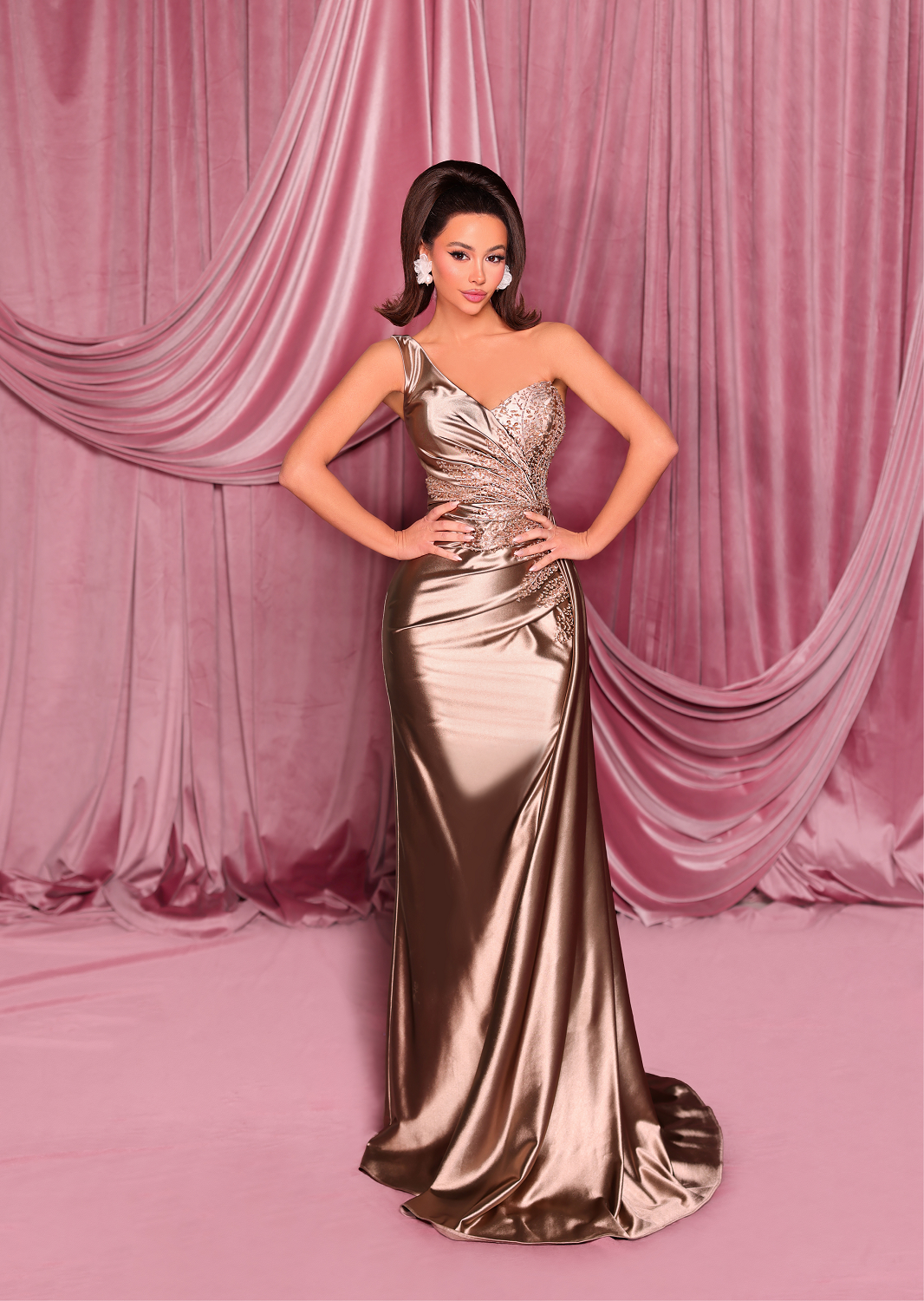 Nicoletta Glossy one shoulder beaded gown