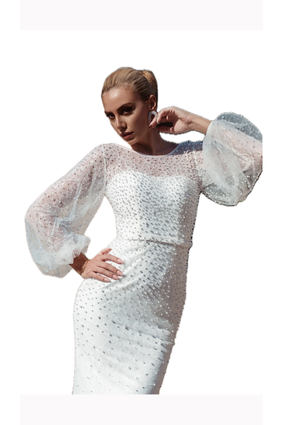 Tina Holly Couture BB016 Off-White Mermaid Wedding Dress with Pearls and Sheer Long Sleeves
