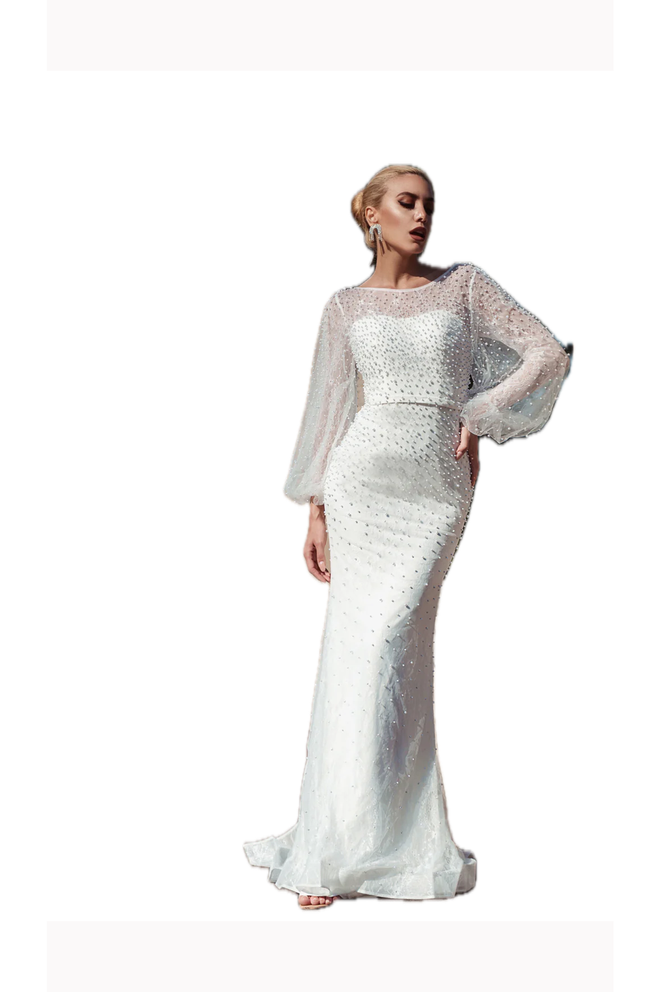 Tina Holly Couture BB016 Off-White Mermaid Wedding Dress with Pearls and Sheer Long Sleeves