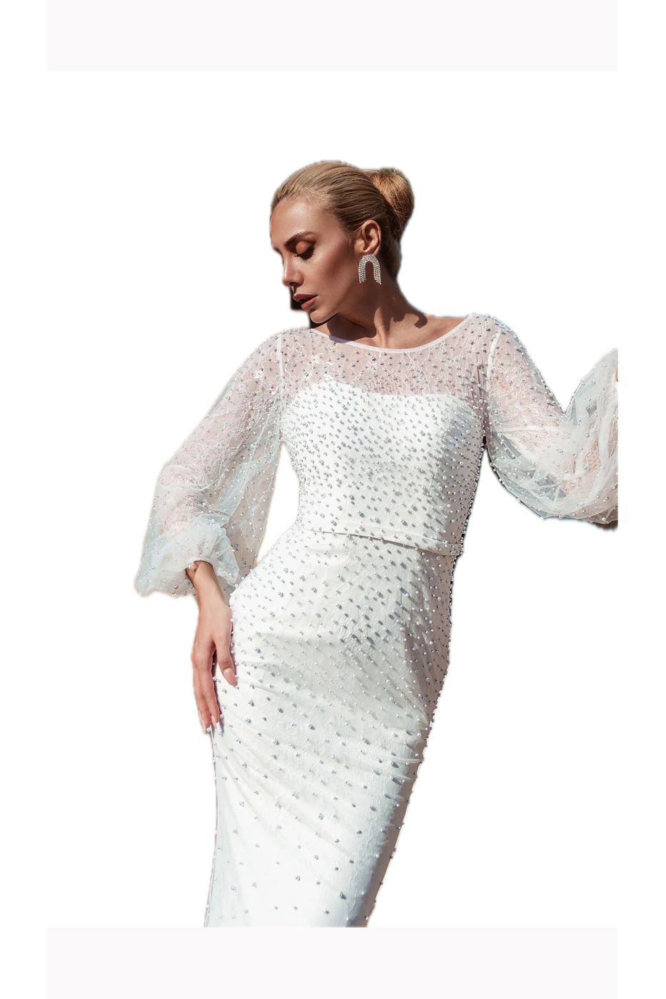 Tina Holly Couture BB016 Off-White Mermaid Wedding Dress with Pearls and Sheer Long Sleeves