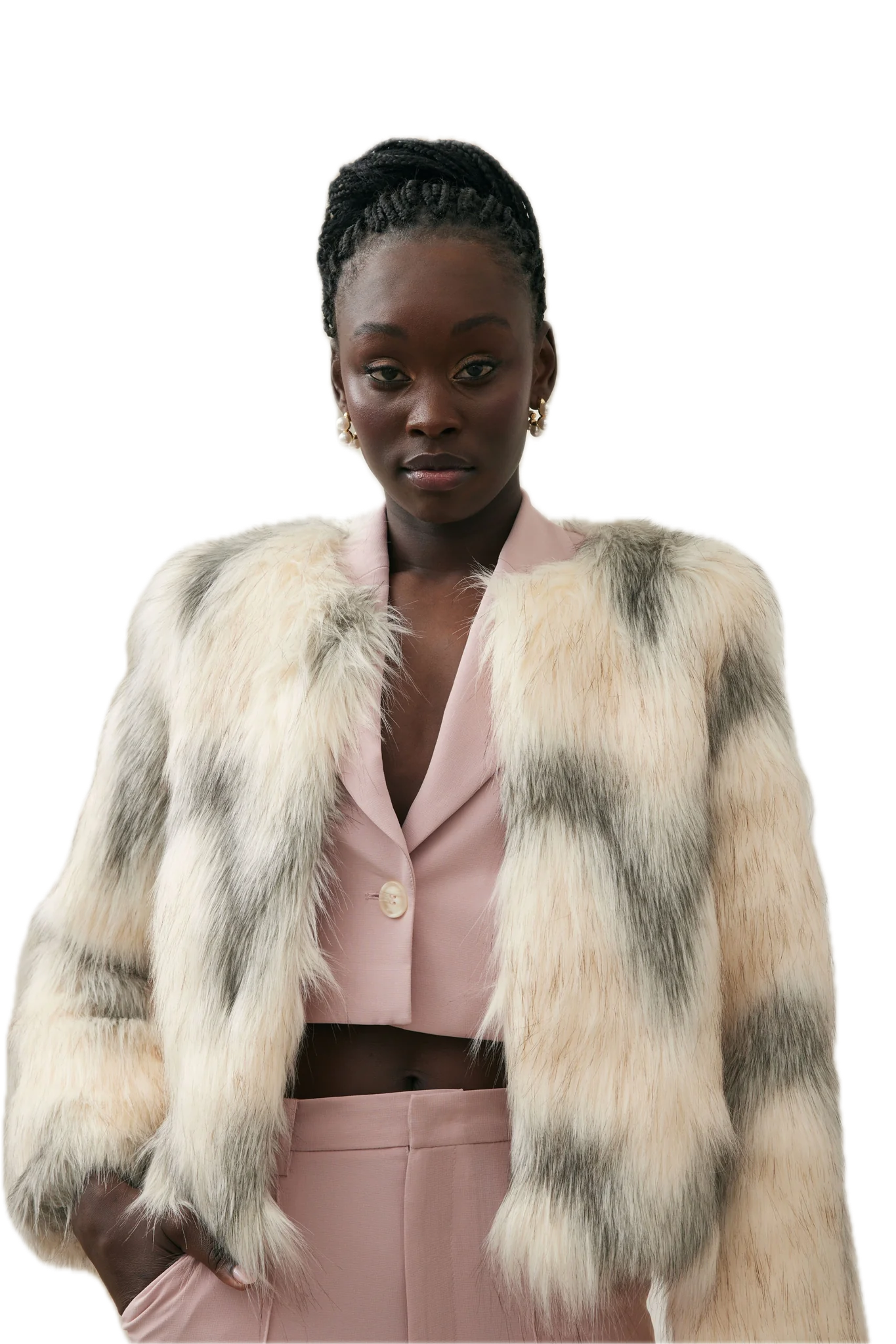 Elliatt Noel Chevron Faux Fur Jacket - Ivory Grey Elegance