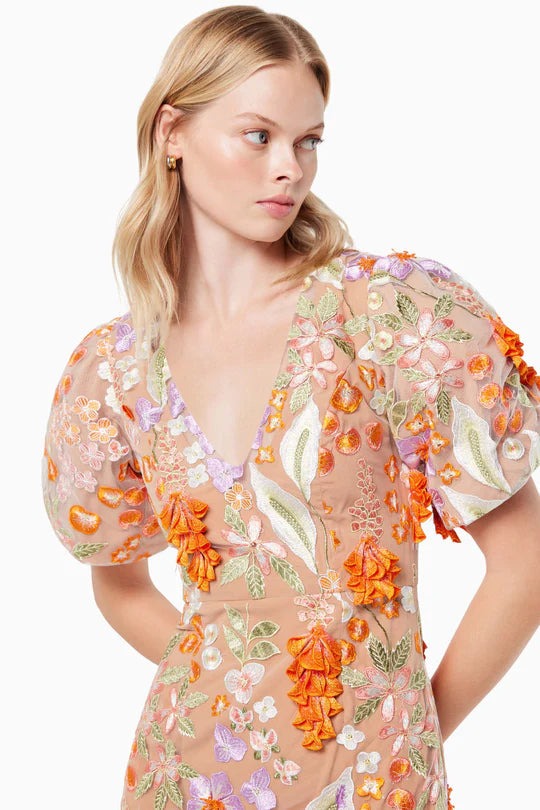Elliatt Collective Remix 3D Flowers Midi Dress - Orange Multi