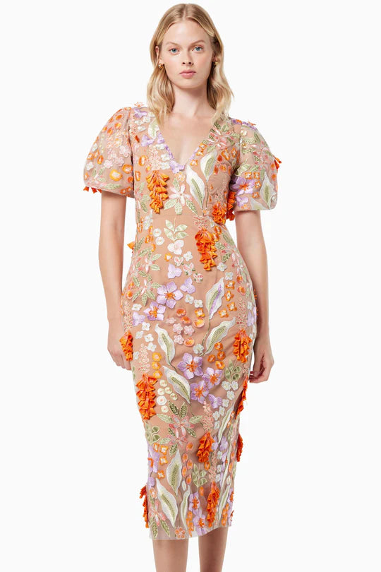 Elliatt Collective Remix 3D Flowers Midi Dress - Orange Multi
