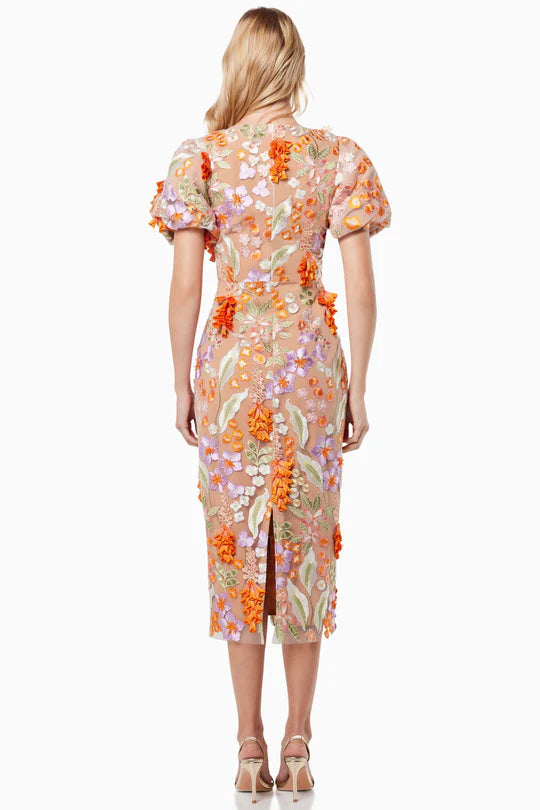 Elliatt Collective Remix 3D Flowers Midi Dress - Orange Multi