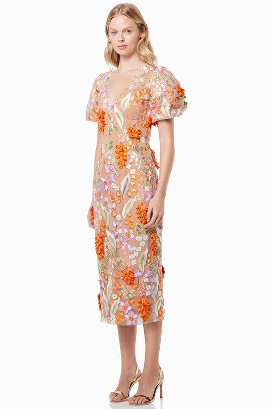 Elliatt Collective Remix 3D Flowers Midi Dress - Orange Multi