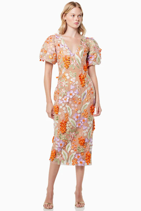 Elliatt Collective Remix 3D Flowers Midi Dress - Orange Multi