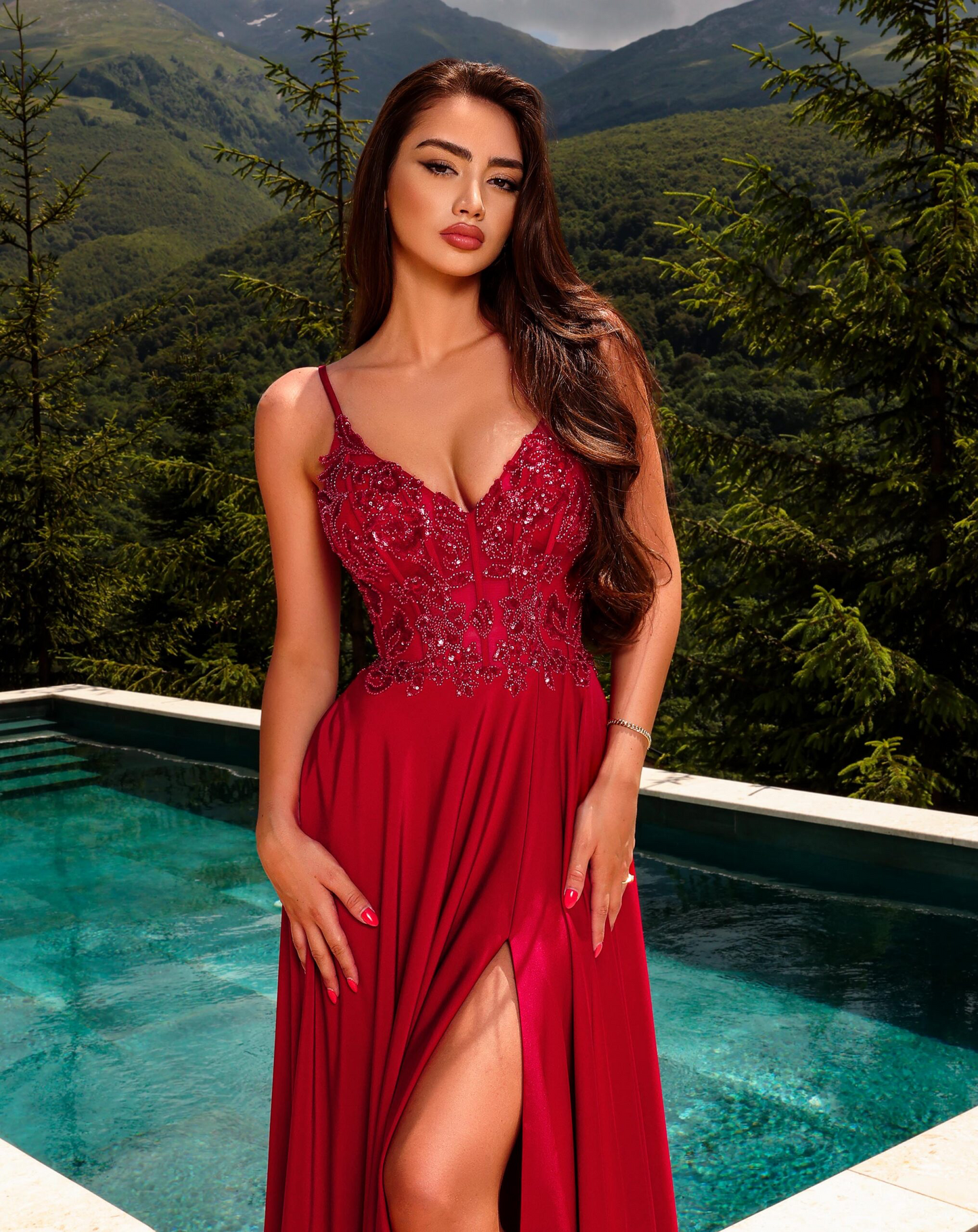 Nicoletta beaded bodice gown with full gloss jersey skirt