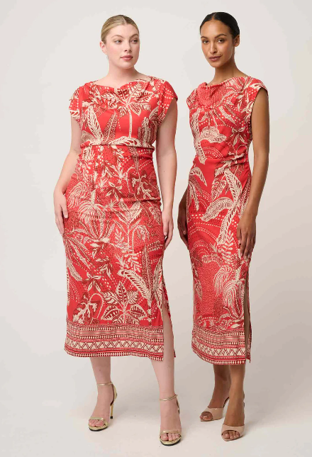 Once was MONIQUE DRAPED NECK CUPRO VISCOSE STRETCH COLUMN DRESS IN CRIMSON PALMS