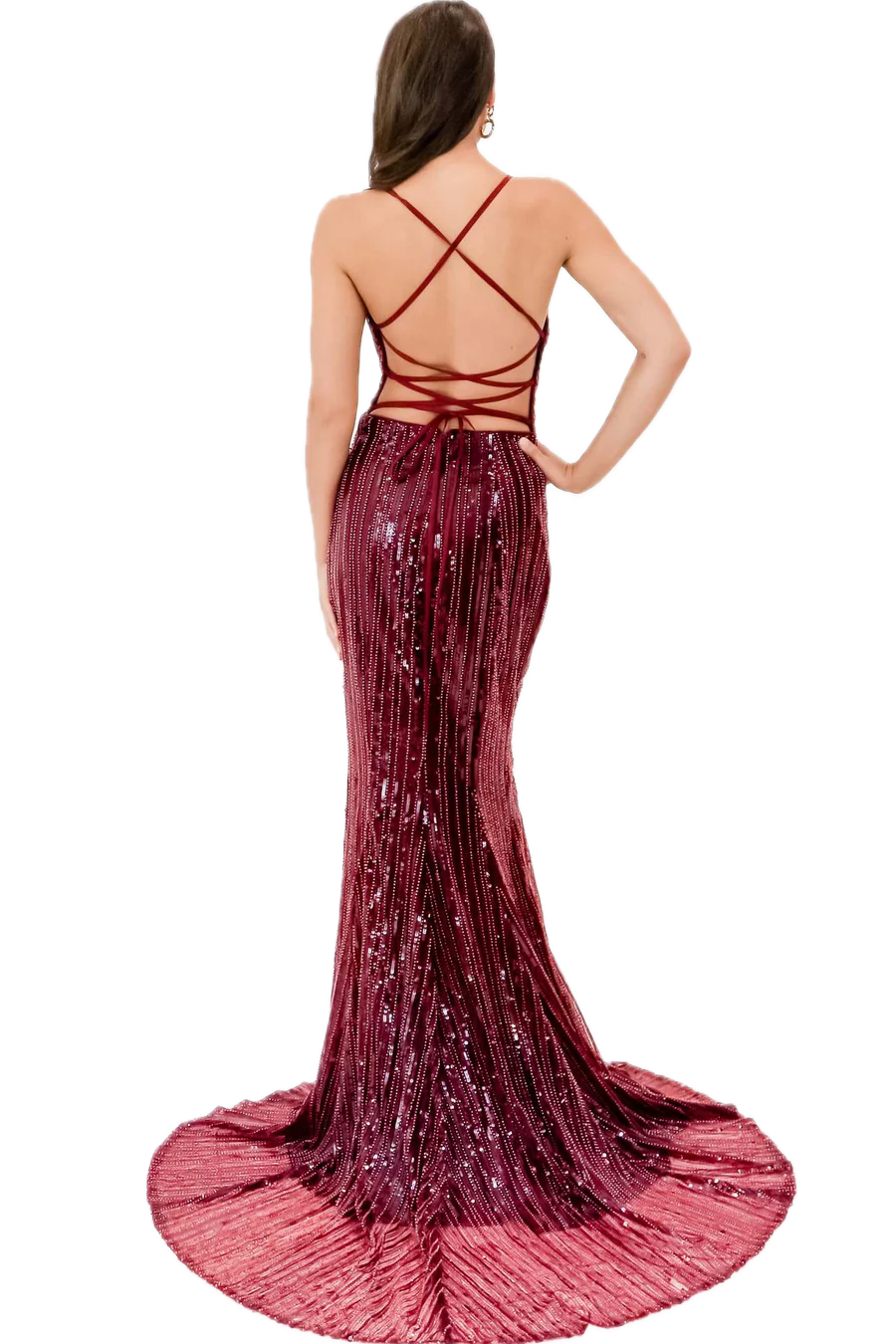 J'Adore Australia JX2006 Wine Gown - Beaded V-Neckline, Lace Up Back