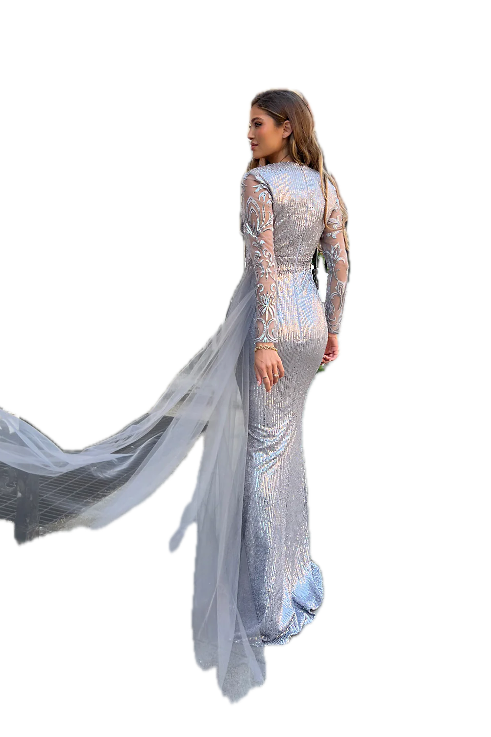 Jadore JX6035 Sequin Gown – Long Sleeve V-Neck Dress with Tulle Overlay