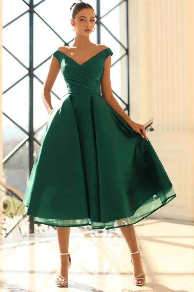NICOLETTA mikado satin cocktail dress - EMERALD GREEN