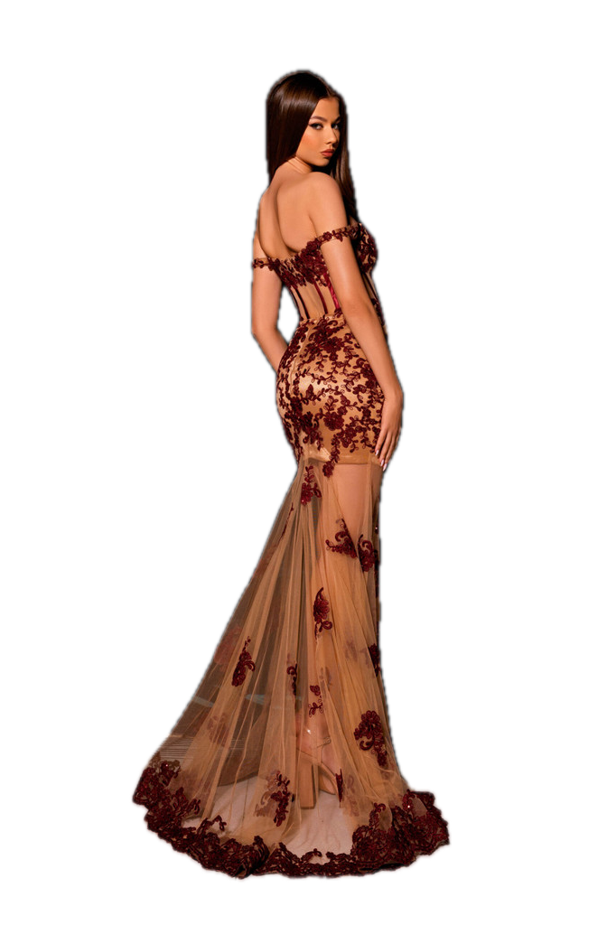 Nicoletta NC2007 Off-the-Shoulder Gown with Lace Appliqué in Maroon/Nude