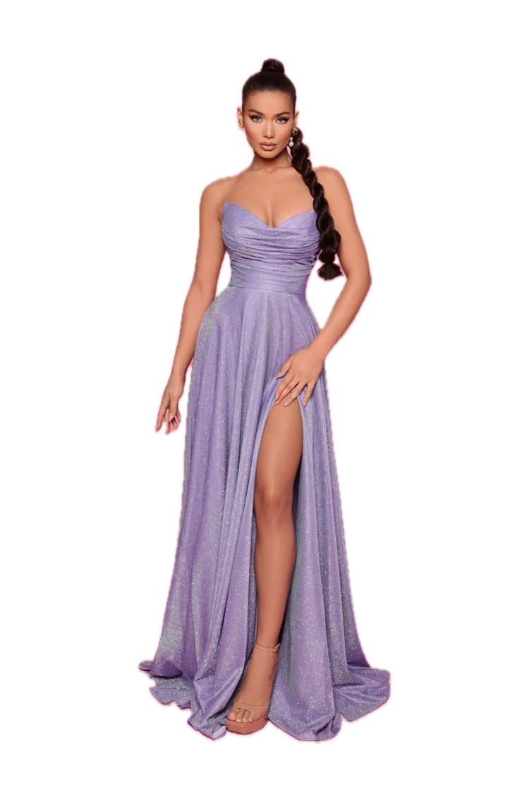 Nicoletta shimmering Gown - draped bodice Strapless A-Line Dress with Leg Split