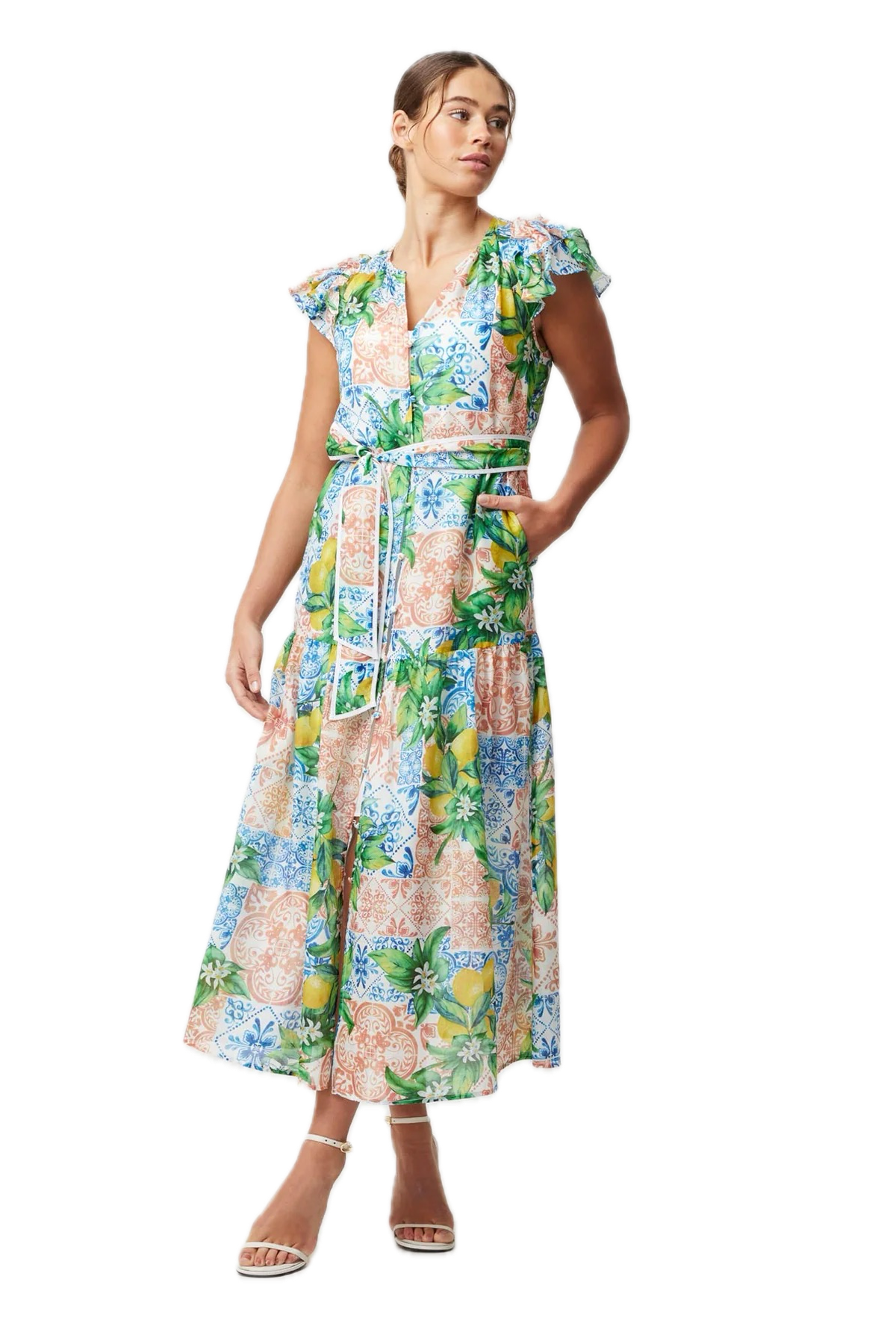 Once Was Summer Elegance Limonata Print Cotton Silk Dress with Removable Waist Tie