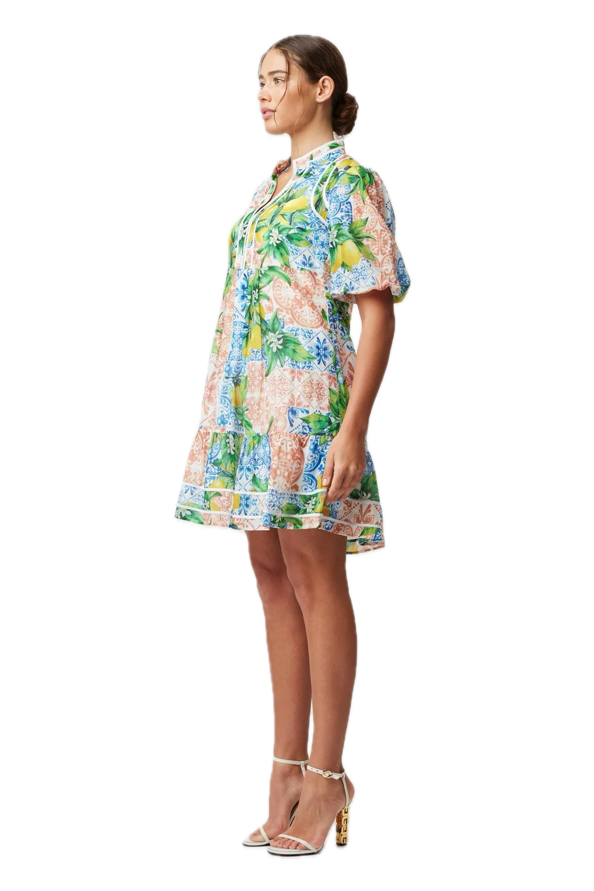 Once Was LUCIA Limonata Print Cotton Silk Summer Dress with Puff Sleeves