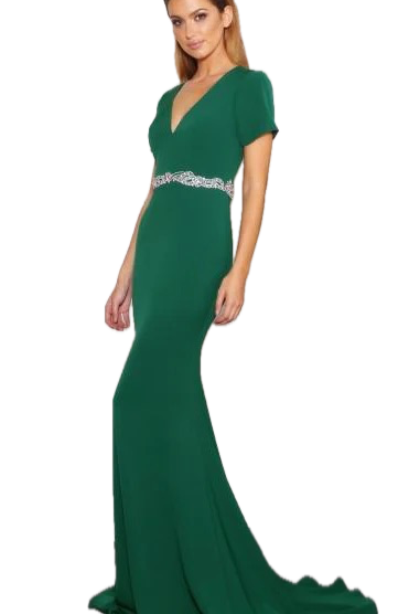 Jadore V-Neck Evening Gown with Sleeves - Elegance Redefined