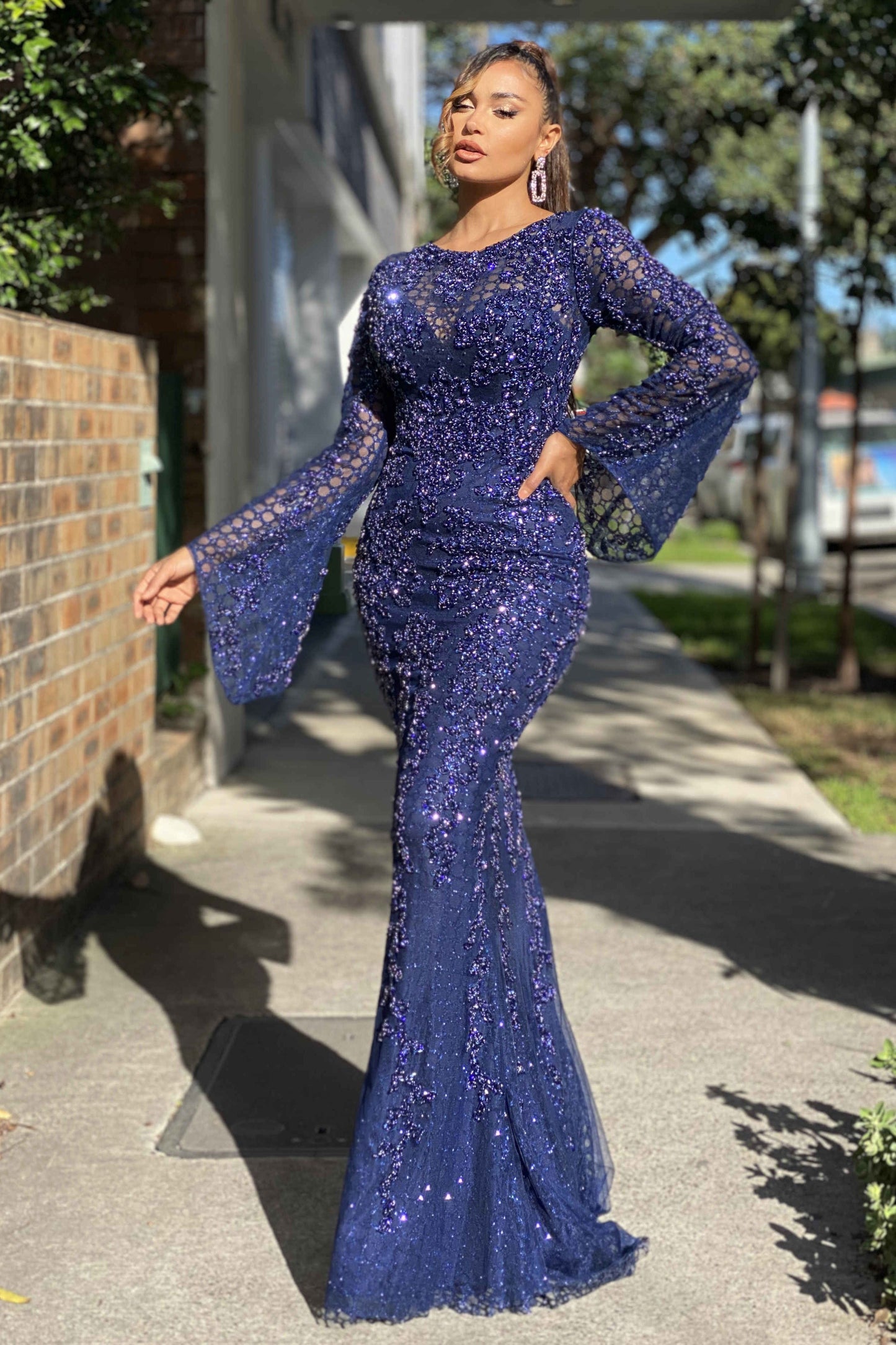 J'ADORE AUSTRALIA JERSEY GOWN - NAVY - Bread Boutique - absolutely stunning, asymmetrical, beaded, BEAUTIFUL, comfortable, dress, ELEGANT, FISHTAIL, FITTED, FLAMBOYANT, flattering, floaty, FULL LENGTH, GLAMOROUS, GORGEOUS, GOWNS, heavy, J'ADORE, long sleeve, LONG SLEEVED, loose fit, NAVY, polyester, sequin, SEQUINED, SEXY, SHIMMER, SHIMMERING, shiny, sleeved, SOFT, SOPHISTICATED, sophisticaterd, STRETCHY, STUNNING, stylish, SUPERB - Darwin boutique - Darwin fashion