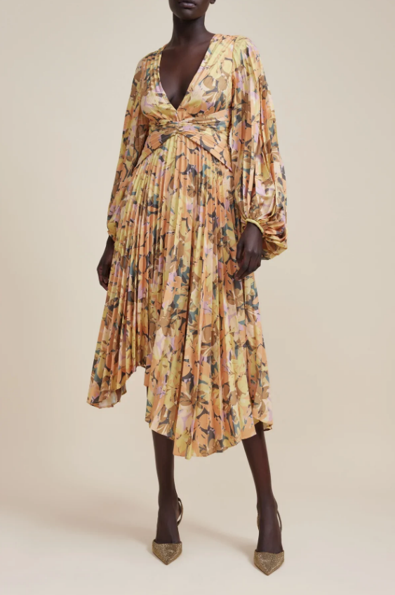 ACLER PALMS DRESS - Bread Boutique - absolutely stunning, asymmetrical, charcoal, dress, eveningwear, flowy, GLAMOROUS, GORGEOUS, LONG SLEEVED, one shoulder, pleated, polyester, SEXY, SOFT, SOPHISTICATED, sophisticaterd, STUNNING, stylish, SUPERB, WAISTED, YELLOW FLORAL - Darwin boutique - Darwin fashion