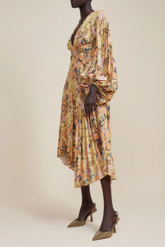 ACLER PALMS DRESS - Bread Boutique - absolutely stunning, asymmetrical, charcoal, dress, eveningwear, flowy, GLAMOROUS, GORGEOUS, LONG SLEEVED, one shoulder, pleated, polyester, SEXY, SOFT, SOPHISTICATED, sophisticaterd, STUNNING, stylish, SUPERB, WAISTED, YELLOW FLORAL - Darwin boutique - Darwin fashion