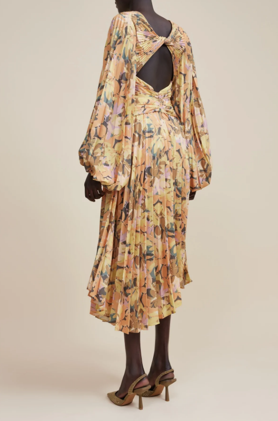 ACLER PALMS DRESS - Bread Boutique - absolutely stunning, asymmetrical, charcoal, dress, eveningwear, flowy, GLAMOROUS, GORGEOUS, LONG SLEEVED, one shoulder, pleated, polyester, SEXY, SOFT, SOPHISTICATED, sophisticaterd, STUNNING, stylish, SUPERB, WAISTED, YELLOW FLORAL - Darwin boutique - Darwin fashion