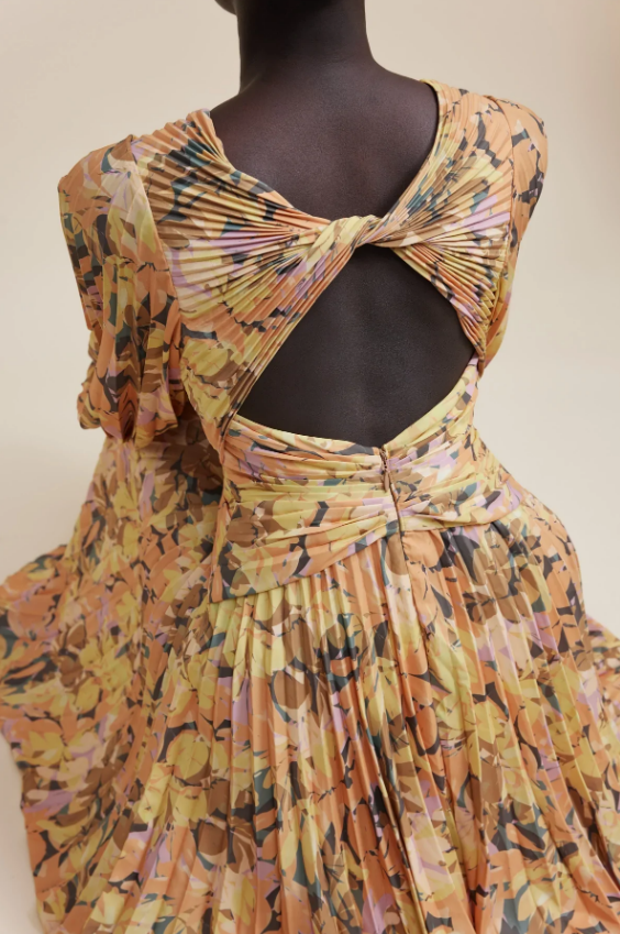 ACLER PALMS DRESS - Bread Boutique - absolutely stunning, asymmetrical, charcoal, dress, eveningwear, flowy, GLAMOROUS, GORGEOUS, LONG SLEEVED, one shoulder, pleated, polyester, SEXY, SOFT, SOPHISTICATED, sophisticaterd, STUNNING, stylish, SUPERB, WAISTED, YELLOW FLORAL - Darwin boutique - Darwin fashion