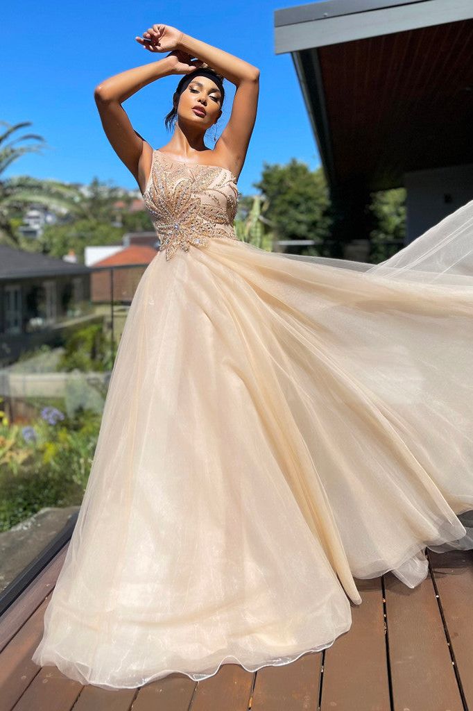 J'ADORE AUSTRALIA GOWN - CHAMPAGNE TULLE - Bread Boutique - asymmetrical, EMBELLISHED, FULL SKIRT, GLAMOROUS, GORGEOUS, GOWNS, jx5005, polyester, SEQUINED, SEXY, SHIMMER, SHIMMERING, SOFT, SOPHISTICATED, sophisticaterd, STUNNING, stylish, SUPERB, WAISTED - Darwin boutique - Darwin fashion