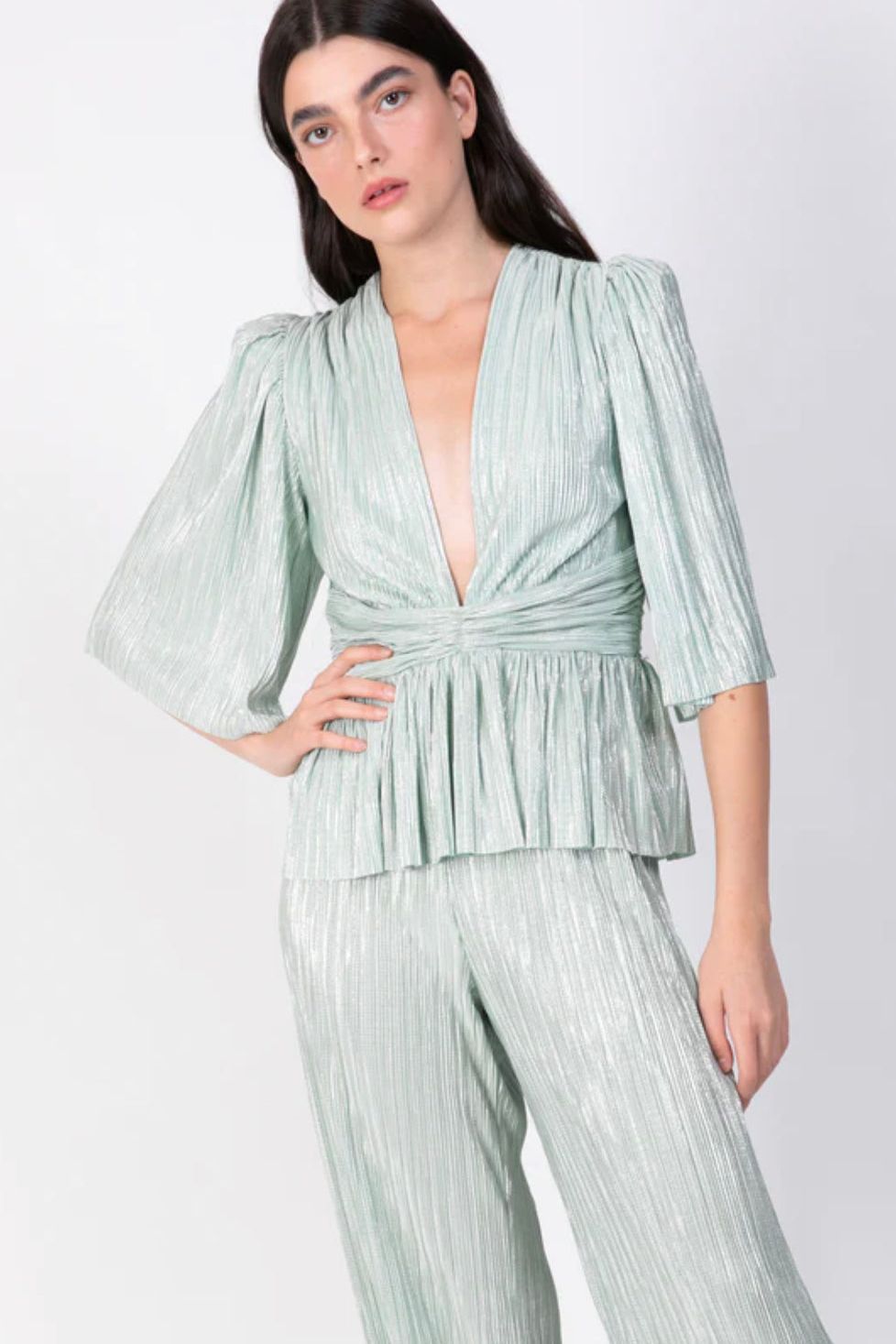SABINA MUSAYEV VALEY TOP - Bread Boutique - absolutely stunning, asymmetrical, BLOUSE, GORGEOUS, LONG SLEEVED, loose fit, polyester, puffed sleeve, SABINA MUSAYEV, SAGE, SEXY, SHIMMER, SHIMMERING, sophisticaterd, stylish, summer, SUPERB, TOPS - Darwin boutique - Darwin fashion