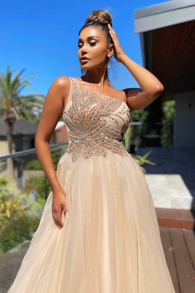 J'ADORE AUSTRALIA GOWN - CHAMPAGNE TULLE - Bread Boutique - asymmetrical, EMBELLISHED, FULL SKIRT, GLAMOROUS, GORGEOUS, GOWNS, jx5005, polyester, SEQUINED, SEXY, SHIMMER, SHIMMERING, SOFT, SOPHISTICATED, sophisticaterd, STUNNING, stylish, SUPERB, WAISTED - Darwin boutique - Darwin fashion