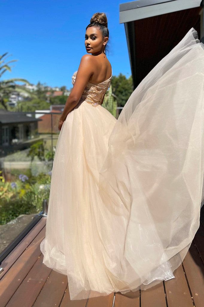 J'ADORE AUSTRALIA GOWN - CHAMPAGNE TULLE - Bread Boutique - asymmetrical, EMBELLISHED, FULL SKIRT, GLAMOROUS, GORGEOUS, GOWNS, jx5005, polyester, SEQUINED, SEXY, SHIMMER, SHIMMERING, SOFT, SOPHISTICATED, sophisticaterd, STUNNING, stylish, SUPERB, WAISTED - Darwin boutique - Darwin fashion