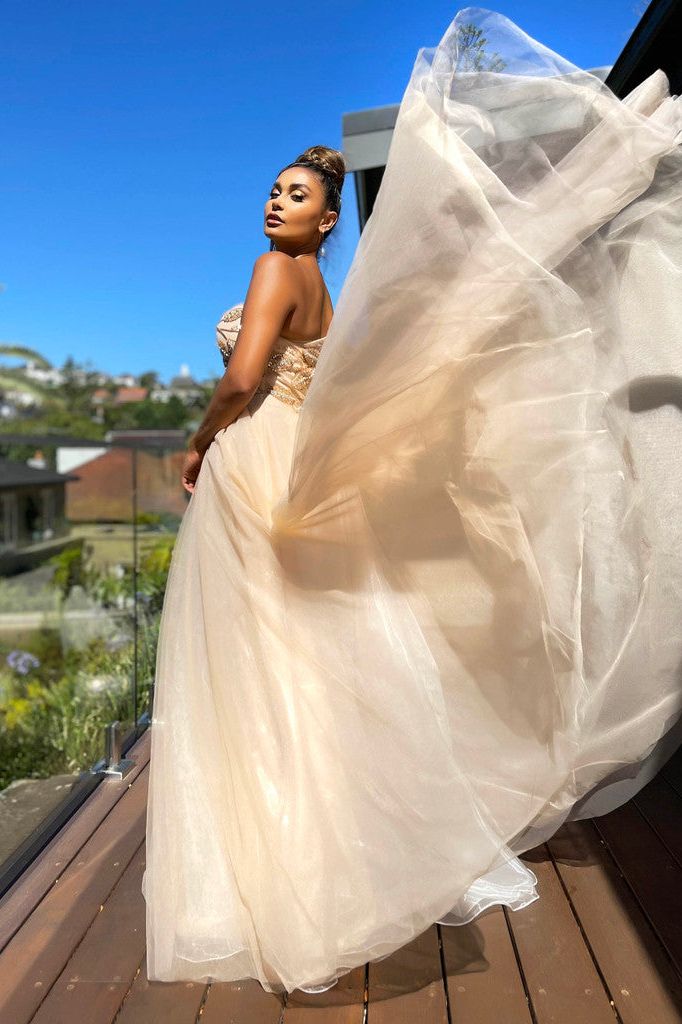 J'ADORE AUSTRALIA GOWN - CHAMPAGNE TULLE - Bread Boutique - asymmetrical, EMBELLISHED, FULL SKIRT, GLAMOROUS, GORGEOUS, GOWNS, jx5005, polyester, SEQUINED, SEXY, SHIMMER, SHIMMERING, SOFT, SOPHISTICATED, sophisticaterd, STUNNING, stylish, SUPERB, WAISTED - Darwin boutique - Darwin fashion
