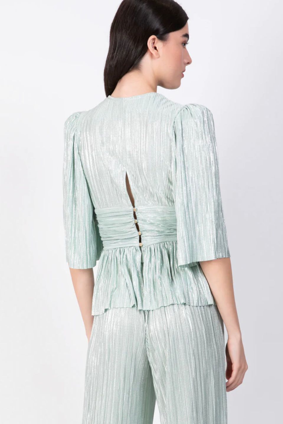 SABINA MUSAYEV VALEY TOP - Bread Boutique - absolutely stunning, asymmetrical, BLOUSE, GORGEOUS, LONG SLEEVED, loose fit, polyester, puffed sleeve, SABINA MUSAYEV, SAGE, SEXY, SHIMMER, SHIMMERING, sophisticaterd, stylish, summer, SUPERB, TOPS - Darwin boutique - Darwin fashion