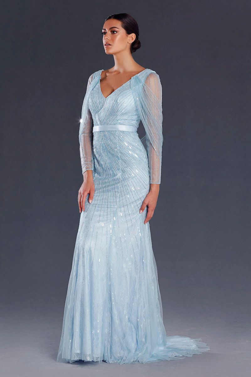 J'ADORE AUSTRALIA DRESS - PALE BLUE - Bread Boutique - absolutely stunning, asymmetrical, BLUE, dress, EMBELLISHED, FISHTAIL, GLAMOROUS, GORGEOUS, GOWNS, J'ADORE, long sleeve, LONG SLEEVED, polyester, sequin, SEQUINED, SEXY, shawl, SHIMMER, SHIMMERING, silver, SOFT, SOPHISTICATED, sophisticaterd, STRETCHY, STUNNING, stylish, SUPERB, WAISTED - Darwin boutique - Darwin fashion