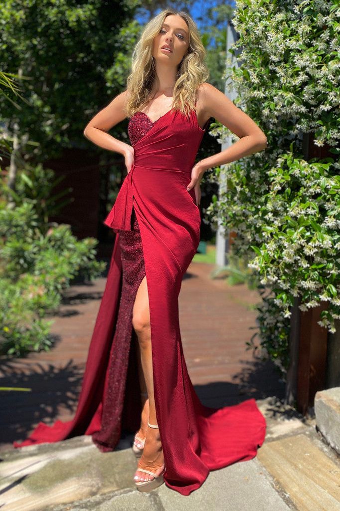 J'ADORE AUSTRALIA SEQUIN JERSEY BALL GOWN - MAROON - Bread Boutique - absolutely stunning, asymmetrical, BEAUTIFUL, ELEGANT, FISHTAIL, FITTED, FLAMBOYANT, flattering, FULL LENGTH, J'ADORE, LIGHTWEIGHT, polyester, SOFT, SOPHISTICATED, sophisticaterd, STRAPLESS, STRETCHY, STUNNING, stylish, tight, WAISTED - Darwin boutique - Darwin fashion